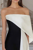 Sheath Satin Black White One Shoulder Long Formal Dress