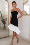 Bodycon Strapless Black White Midi Cocktail Dress with Ruffles