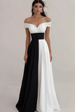 Black White A Line Off The Shoulder High Waist Maxi Formal Dress