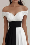 Black White A Line Off The Shoulder High Waist Maxi Formal Dress