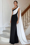 Black White Sheath One Shoulder Maxi Satin Formal Dress with Cape