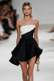 Black White A Line Strapless Satin Ruffled Short Graduation Dress