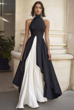 Black White A Line High Neck Maxi Formal Dress with Ruffles