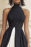 Black White A Line High Neck Maxi Formal Dress with Ruffles