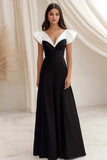 Black White A Line V-Neck Cap Sleeves Maxi Formal Dress