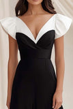 Black White A Line V-Neck Cap Sleeves Maxi Formal Dress