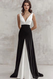 Black White A Line Satin V-Neck Sleeveless Ruched Maxi Formal Dress