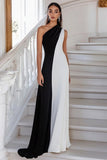 Maxi Black White Sheath One Shoulder Sleeveless Formal Dress