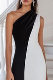 Maxi Black White Sheath One Shoulder Sleeveless Formal Dress