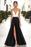 A Line Black White Spaghetti Straps Satin Maxi Formal Dress with Slit