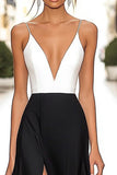 A Line Black White Spaghetti Straps Satin Maxi Formal Dress with Slit