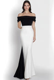 Black White Mermaid Satin Off the Shoulder Maxi Simple Formal Dress