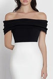 Black White Mermaid Satin Off the Shoulder Maxi Simple Formal Dress