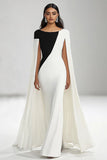 Sheath Boat Neck Black White Maxi Formal Dress with Cape