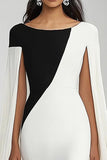 Sheath Boat Neck Black White Maxi Formal Dress with Cape