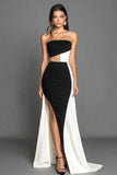 Black White Sheath Strapless Cut Out Long Formal Dress with Slit