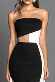 Black White Sheath Strapless Cut Out Long Formal Dress with Slit