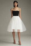 Cute Black White A Line Tulle Spaghetti Straps Midi Graduation Dress