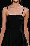 A Line Spaghetti Straps Black Satin Short Graduation Dress with Ruffles