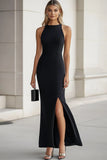 Black Mermaid Satin Maxi Simple Formal Dress with Slit