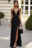 Black V-Neck Satin Sheath Maxi Formal Dress with Slit