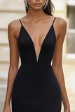 Black V-Neck Satin Sheath Maxi Formal Dress with Slit