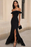 Black Off the Shoulder Ruffled Maxi Formal Dress with Slit