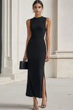 Black Sheath Satin Maxi Formal Dress with Slit