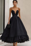 Black Ruffled A Line Maxi Formal Dress with Appliques