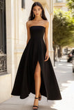 Black A Line Strapless Satin Maxi Formal Dress with Slit