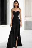 Black Sheath Satin Maxi Formal Dress with Appliques