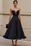 Black Satin A Line Ruffled Maxi Formal Dress with Appliques