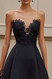 Black Satin A Line Ruffled Maxi Formal Dress with Appliques