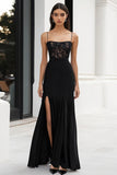 Black Sheath Spaghetti Straps Maxi Formal Dress with Lace