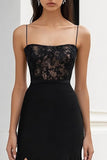 Black Sheath Spaghetti Straps Maxi Formal Dress with Lace