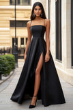 Black Satin A Line Spaghetti Straps Maxi Formal Dress with Slit