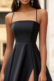 Black Satin A Line Spaghetti Straps Maxi Formal Dress with Slit