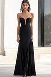 Black Spaghetti Straps Sheath Maxi Formal Dress with Appliques