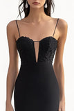 Black Spaghetti Straps Sheath Maxi Formal Dress with Appliques