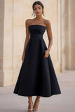 Black Simple A Line Satin Strapless Maxi Formal Dress