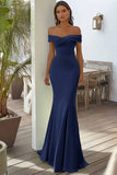 Navy Off the Shoulder Satin Mermaid Maxi Formal Dress with Pleats
