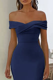 Navy Off the Shoulder Satin Mermaid Maxi Formal Dress with Pleats