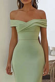 Navy Off the Shoulder Satin Mermaid Maxi Formal Dress with Pleats