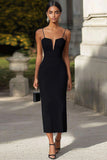 Black Sheath Satin Spaghetti Straps Midi Formal Dress