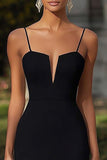 Black Sheath Satin Spaghetti Straps Midi Formal Dress