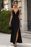 Black V-Neck Sheath Satin Maxi Formal Dress with Slit