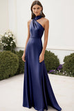 Navy High Neck Sheath Satin Ruched Maxi Formal Dress