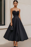 Black Satin Strapless A Line Maxi Formal Dress with Lace