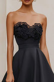 Black Satin Strapless A Line Maxi Formal Dress with Lace