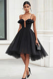 Black Tulle A Line Midi Graduation Dress with Ruffles